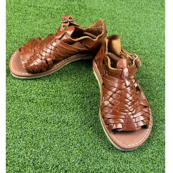 Kids Brown Leather Huarache Sandals Size 7 Woven‎ Buckle Strap Shoes - Picture 2 of 7
